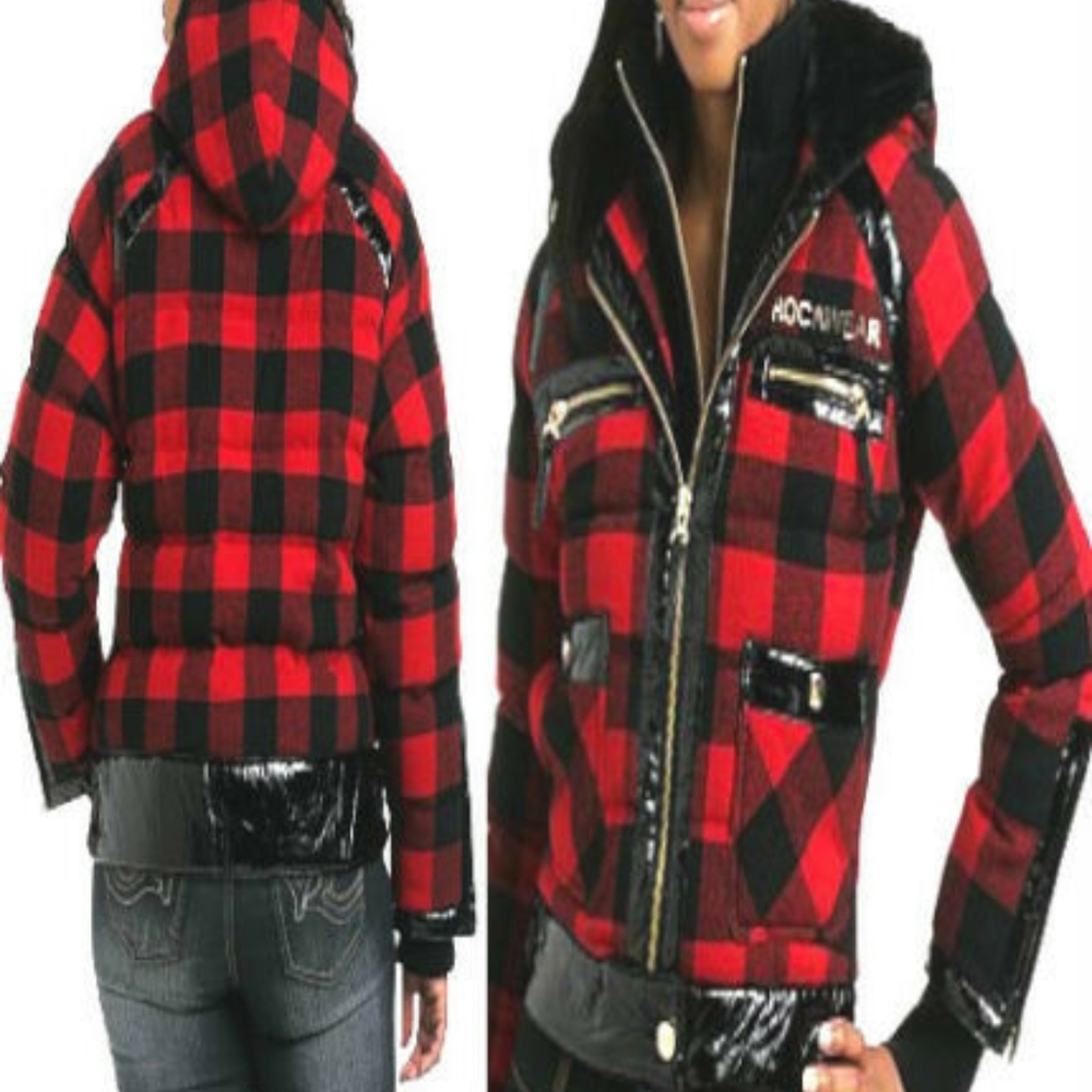 NEW Plaid ROCAWEAR Y2K  Buffalo Plaid  Wool patent leather Fur coat 2X PLUS